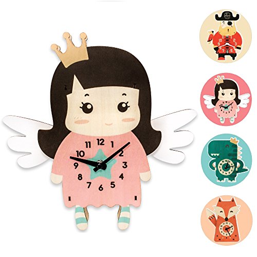 GLÜCKSWOLKE Kinderwanduhr aus Holz I Wanduhr Ohne Ticken I Kinder Lernuhr Fee I Kinderzimmer Uhr Mädchen I Wand-Deko Prinzessin I 3D Kinderuhr (Helen Himmelsfee)