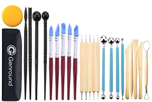 Genround Polymer Clay Werkzeuge, 25pcs Polymer Ton Modellierwerkzeug, 5 Dotting Tool, 5 Modellierwerkzeug Silikon, 4 Ball Tool, 4 Modellierwerkzeug, 5 Ton Schnitzwerkzeuge, Schwamm Aufbewahrungstasche