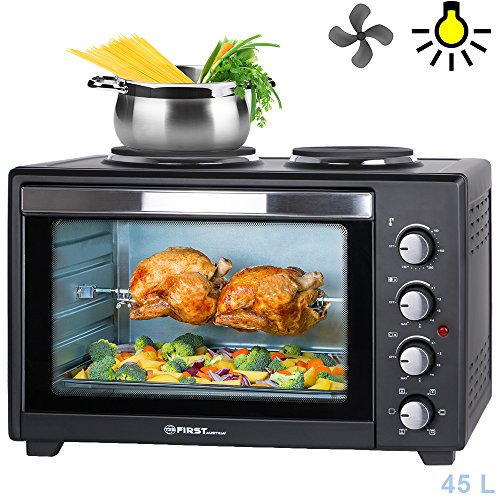 TZS First Austria - 45 Liter 3200 Watt Mini-Backofen mit Kochplatten und Krümelblech| Drehspieß und Umluft Mini Pizzaofen | Mini-Küche | Kochplatten separat bedienbar | gleichzeitig kochen und backen