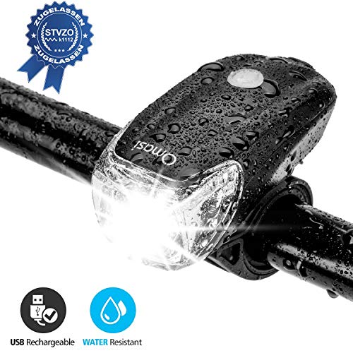 Omasi Fahrradbeleuchtung LED StVZO Zugelassen Fahrradlicht Fahrradlampe USB Wiederaufladbar Fahrrad Frontlicht Wasserdicht Fahrradleuchte 1200mAh Akku MTB Rennrad Schwarz