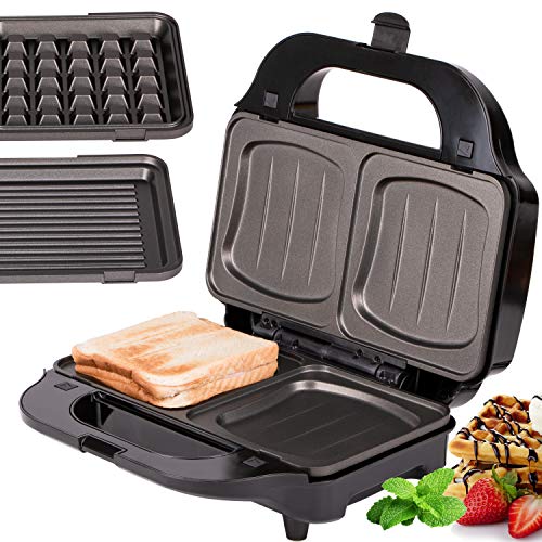 TZS First Austria - 3 in 1 Sandwichtoaster für XXL Toast-Scheiben Waffeleisen Tischgrill, Klick-System, Wechselplatten, Backampel, elektrischer Sandwichmaker mit Muschelform 900 Watt, Kontaktgrill