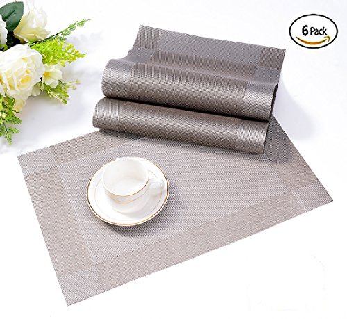 Tischset, Platzset 6er set Rutschfest Abwaschbar PVC Abgrifffeste Hitzebeständig Platzdeckchen für Zuhause Restaurant Speisetisch（Braun / Silber）