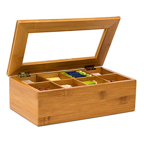 Relaxdays Teebox aus Bambus H x B x T: ca. 9 x 28 x 16 cm Teekasten mit 8 Fächern Teebeutelbox aus Holz mit Deckel samt Sichtluke Teekiste zum Bewahren des Aromas für intensiven Teegenuss, natur