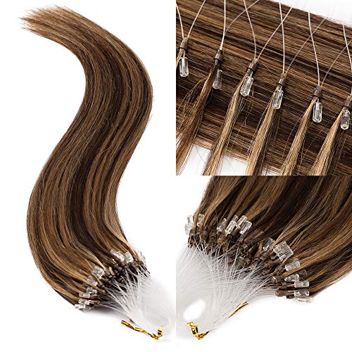 TESS Microring Extensions Echthaar Loop Haarverlängerung 0,5g Remy Human Hair Extensions 100 Strähnen 50g 55cm(#4/27 Schokobraun/Dunkelblond)