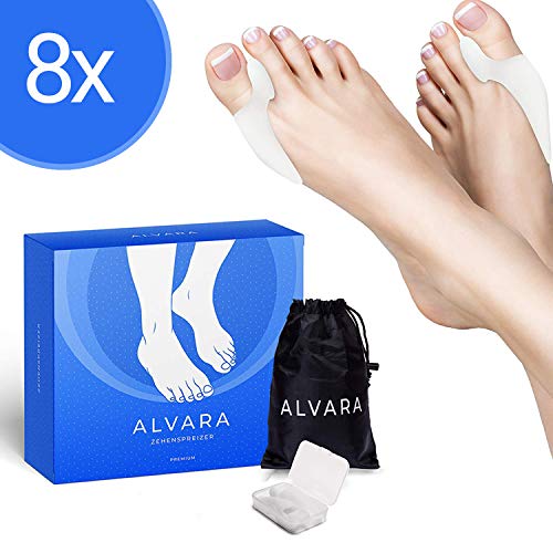 ALVARA Hallux Valgus Zehenspreizer [8x] - 2 verschiedene Modelle - Endlich schmerzfreier Laufen - Für Tag & Nacht - inkl Transportbox - BPA frei