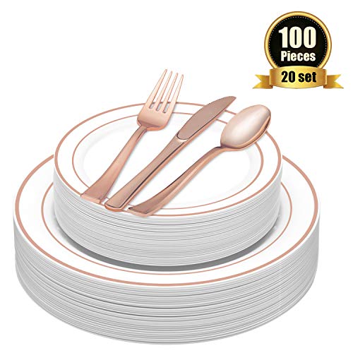 TOROTON 100 Stück Einweg Speiseteller aus Plastik mit Plastikbesteck-Set, Plastikgeschirr-Set beinhaltet: 20 x Teller, Dessertteller, Gabeln, Messer, Löffel - Rose Gold