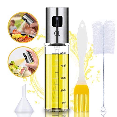 AOKMA Oil Sprayer Olivenöl Sprüher zum Kochen 4 in 1 nachfüllbare Öl- und Essigspender Flasche mit Backpinsel, Flaschenbürste und Öltrichter zum Grillen, Salat Machen, Kochen, Backen, Braten, Grillen