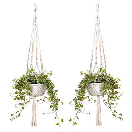 2er Set Makramee Blumenampel Baumwollseil Hängeampel Blumentopf Pflanzen Halter Aufhänger für Innen Außen Decken Balkone Wanddekoration - 105cm / 41 Zoll, 4 Beine