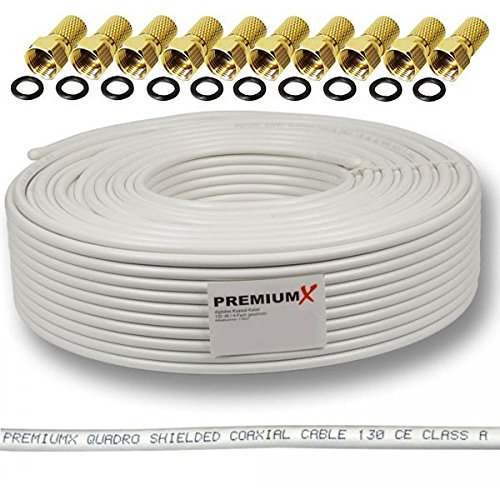 135dB 50m Koaxial SAT Kabel Antennenkabel Koaxkabel 4-fach geschirmt Koaxialkabel für DVB-S / S2 DVB-C und DVB-T BK Anlagen + 10 vergoldete F-Stecker SET Gratis dazu FULLHD 3D Digital