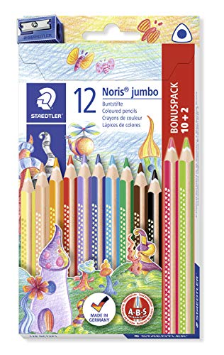 Staedtler 128 NC12P1ST Buntstift Noris jumbo (erhöhte Bruchfestigkeit, Dreikantform, ABS-System, attraktive Sternchenprägung, Bonuspack mit 12 brillanten Farben und einem Spitzer)
