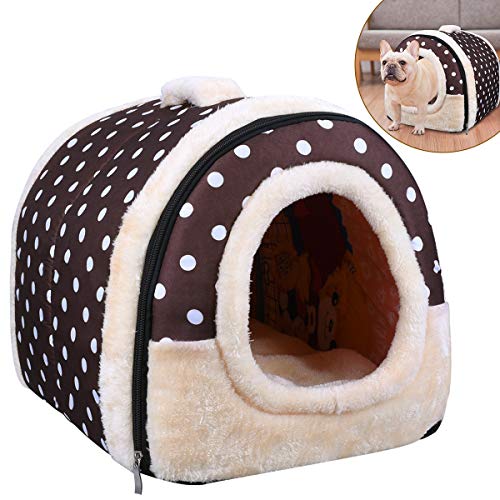 OZUAR 2 In 1 Hundebett Katzenbett Hundehöhle Hundehütte Tragbar Faltbare Hund Zimmer Katzenhöhlen Haustier Haus und Sofa Brauner Punkt 45×35×35cm