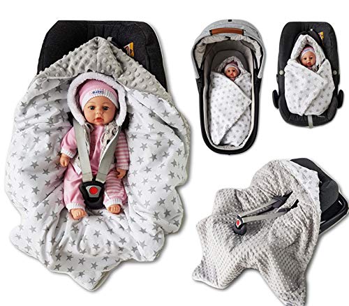 BABEES WINTER Einschlagdecke mit Füllung für Babyschale Autositz, Universal z.B. Maxi-Cosi Römer Cybex, warm Minky Baby Decke mit Klettverschluss für Kinderwagen Babytragen Babybett wattiert