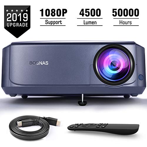 BOSNAS Video Beamer 50000 Stunden, unterstützt 1080P Full HD Heimkino Beamer,4500 Lumen LCD LED Projektor für Film Unterhaltung Spiele Reisen, unterstützt HDMI VGA AV USB Micro SD