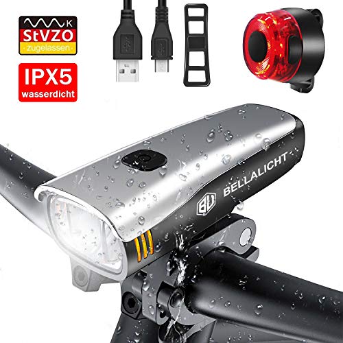 BELLALICHT LED Fahrradlicht Set, StVZO Zugelassen USB Wiederaufladbare Fahrradbeleuchtung fahrradlichter Set, CREE LED/Samsung Li-ion Batterie Laufzeit 6 Stunden, IPX5 Wasserdicht