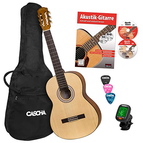 CASCHA Student Series 4/4 Konzertgitarre Einsteiger Set, inkl. Lehrbuch, Stimmgerät, Gigbag/Tasche, 3 Plektren, klassische Kindergitarre ab 10 Jahren für Anfänger, Classic Guitar, Nylonsaiten