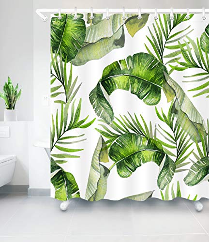 Aitsite 2019 Neueste Duschvorhang Mit Haken Grüne Bananenblätter Wasserdicht Formbeständig Bad Vorhang Waschbar Bad Vorhang Polyester Stoff mit 12 Haken 180x180 cm