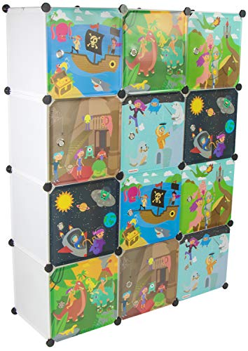 KEKSKRONE Sehr Großer Kinderschrank Bunte Motiv-Türen - DIY Stecksystem - 12 Module je 37 x 37 x 37 cm, Weiß | Kinderzimmer-Schrank | Kinderkleiderschrank | Baby-Regal | Spielzeugkommode