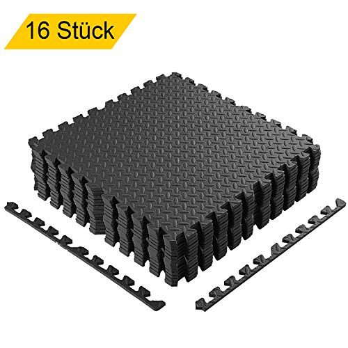 Homgrace Schutzmatten Set 60 x 60 cm Bodenschutzmatten Trainingsmatten Puzzlematten für Bodenschutz, Büro, Fitnessraum, Garage, Fitnessgeräte, Fitness, Yoga, Schwarz - 16 Matten