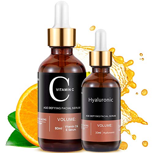MayBeau Vitamin C Serum 60 ml mit Hyaluronsäure 30ml AntiAging + Anti Falten + Bio Kollagen Booster Gesichtsserum reduzieren dunkle Kreise, feine Linien und Sonnenschäden