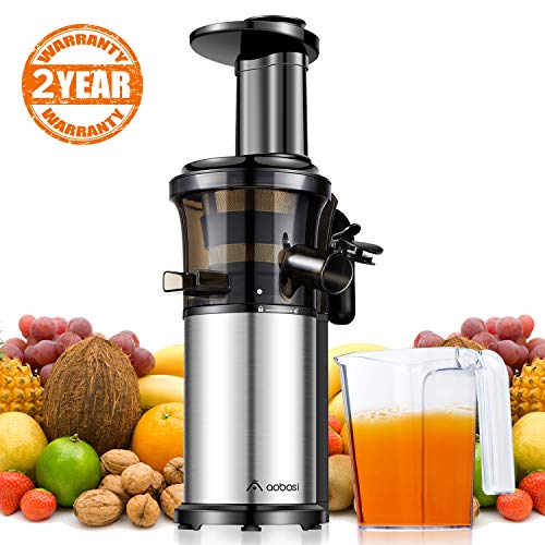 Aobosi Kompakt Slow Juicer/Edelstahl Entsafter/Saftpresse für Obst und Gemüse mit tragbar Griff/Rücklauffunktion/geräuschlosem Motor und Reinigungsbürste für einen nährstoffreichen Saft(Silber)