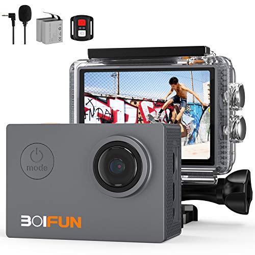 BOIFUN 4K 20MP Action Cam EIS Bildstabilisierte Wi-Fi mit Externem Mikrofon Unterwasserkamera Sport Helmkamera Wasserdicht bis 40 Meter Fernsteuerung und 20 Weiteren Zubehörteilen (4k 20mp)