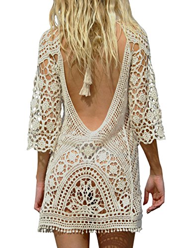 BaiShengGT Damen Boho Rückenfrei Spitze Bikini Cover Up Strandkleid Sommerkleid