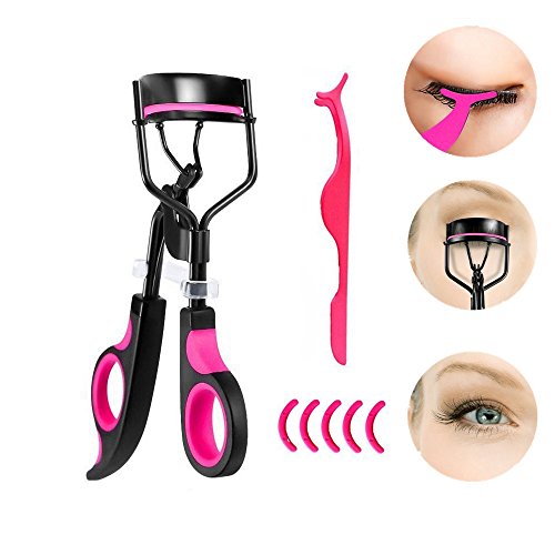 Halicer Schmerzfreie Wimpernzange aus Edelstahl, Professionelles Wimpernformer mit 3 Ersatz Silikonpads, mit 1 Falsche Wimpern Applicator, Remover Pinzette