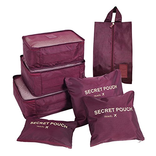 FunYoung Kleidertaschen-Set 7-teilig Reisetasche in Koffer Wäschebeutel Schuhbeutel Kosmetik Aufbewahrungstasche Farbwahl (Weinrot)