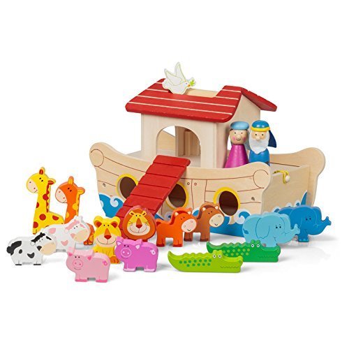 Tobar Arche Noah aus Holz (19-teilig) Holzspielzeug 28 cm lang mit Bauernhof- / Zoo-Tieren