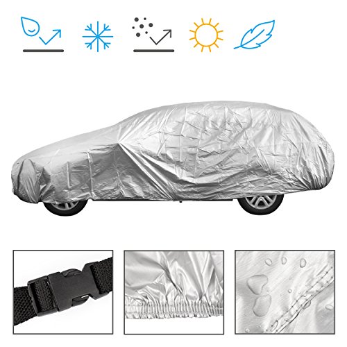 Minuma Autoplane Größe M | für viele Autos und Modelle geeignet mit Gummizug im Saum und Sicherheitsschnalle für Wind | Autogarage Abdeckplane für Winter & Sommer | einfache Benutzung | Farbe: Silber