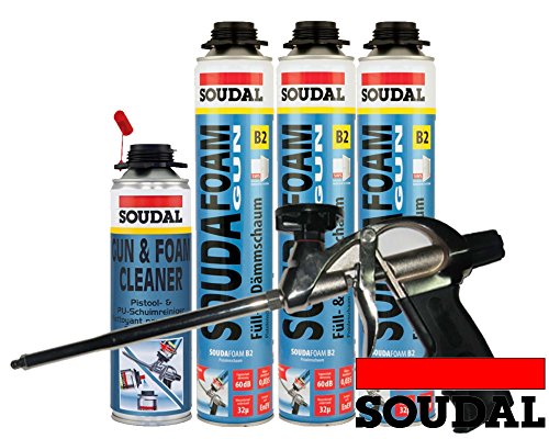 Soudafoam B2 Pistolenschaum Montageschaum als Set mit Pistole + Reiniger 3 Stück Profi-Schaumpistole teflonbeschichtet