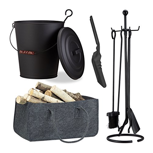Relaxdays 8 tlg. Kamin-Komplettset, Ascheeimer, Kohlenschaufel, Kaminholztasche, Kaminbesteck, Stahl, Filz, schwarz/anthrazit