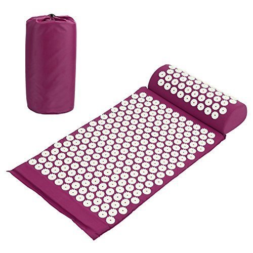 Amzdeal Akupressur-Set 67x 41cm Akupressurmatte mit Akupressurkissen und Tragetasche im günstigen Set, Massage und Entspannung für Rücken Nacken und Fuß Usw. (Lila )