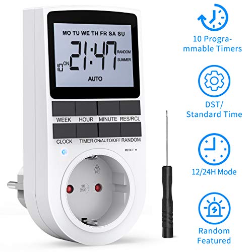 RATEL Digitale Elektronische Zeitschaltuhr Steckdose, 10 Programmierbarer Plug-In-Timer-Schalter mit Reset-Tool, LCD Display und Anti-Theft-Zufallsmodus für Beleuchtung, Lüfter usw.