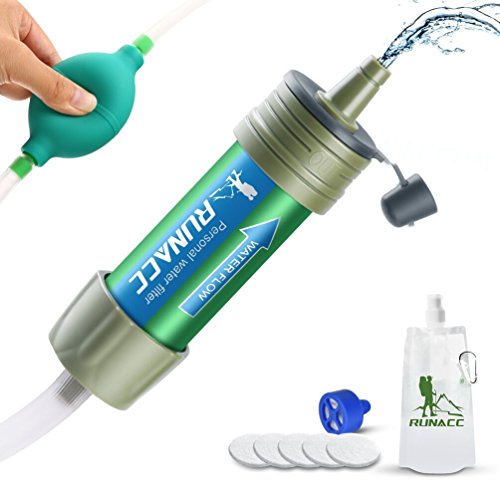 RUNACC Wasserfilter Wasserreiniger Schnell Saugen Mini Wasser Filter mit Ballpumpe Schnelles Trinken und Rückspülen Design, 2000L Trinkhalm Tragbar Wasserreinigung Kit für Reisen, Camping, Laufen und Outdoor