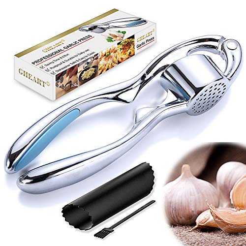 GHEART Profi Knoblauchpresse Set, Edelstahl Rostfrei Knoblauchpresse Knoblauchschneider Spülmaschinenfest Garlic Press Knoblauch Crusher Küchenhelfer mit Silikon Knoblauchschäler und Reinigungsbürste