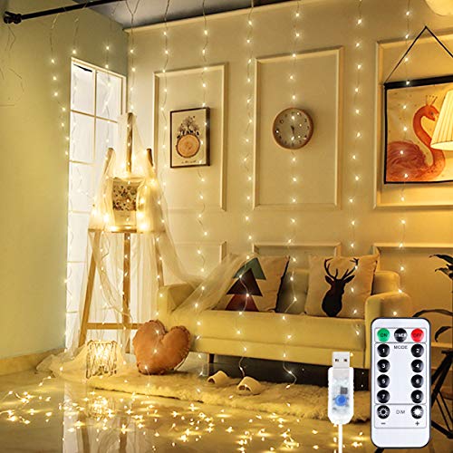 Anpro LED USB Lichtervorhang 3m x 3m, 300 LEDs USB Lichterkettenvorhang mit 8 Lichtmodelle für Partydekoration deko schlafzimmer, Innenbeleuchtung, Warmweiß