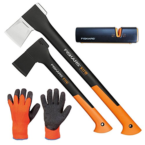 FISKARS Set Spaltaxt X17 - M + Universalaxt X10 - S + Xsharp Axt- und Messerschärfer + Handschuhe