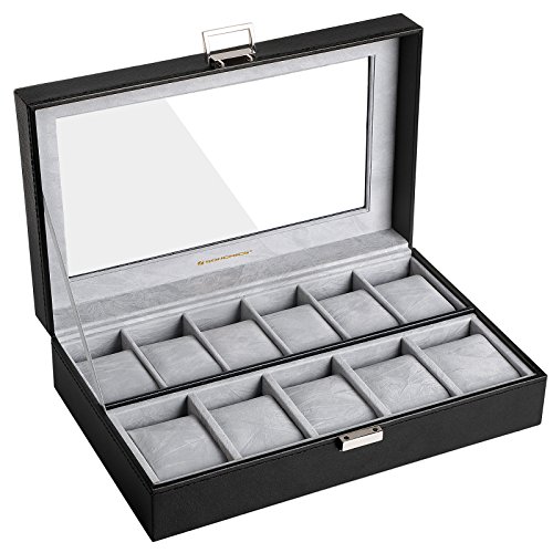 SONGMICS Uhrenbox, Uhrenkasten, Aufbewahrungsbox mit großen Fächern, mit PU-Bezug, Samt-Innenfutter und Glasfenster, ideal als Geschenk, Schwarz JWB14BK