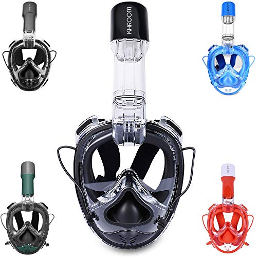 Khroom Schnorchelmaske Vollmaske für Erwachsene & Kinder mit Druckausgleich & Action Kamera-Halterung (z.B. Go Pro) | Tauchmaske Vollgesichtsmaske mit 180° Sicht | Tauchermaske (Schwarz-Glanz)