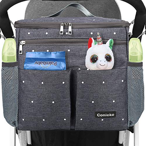 Conleke Kinderwagen Organizer, Universale Kinderwagentasche Buggy Organizer Hänge Tasche mit1 Schulterriemen, Unverzichtbares Kinderwagen-Zubehör(Grau)