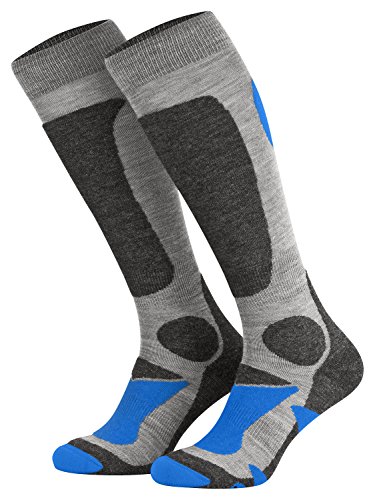 Piarini 2 Paar Unisex Skisocken Skistrumpf Herren, Damen und Kinder für Wintersport, Snowboard atmungsaktive Knie-Strümpfe Farbe Grau-Blau Gr.43-46