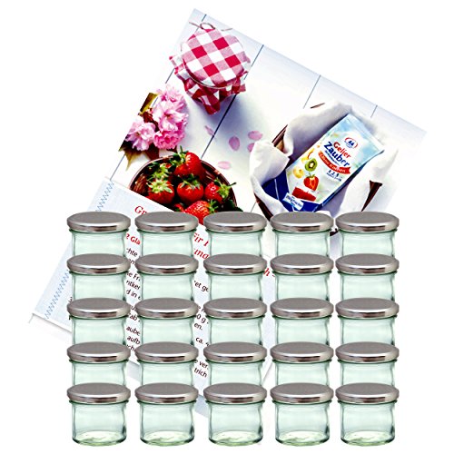 MamboCat 25er Set Sturzglas 125 ml Marmeladenglas Einmachglas Einweckglas to 66 Silberner Deckel Incl. Diamant-Zucker Gelierzauber Rezeptheft