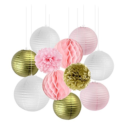 SUNBEAUTY 11er Set Gold Rosa Weiß Tissue Papier Honeycomb Wabenball Lampion Pom Poms Party Feier Geburtstag Hochzeit Dekoration