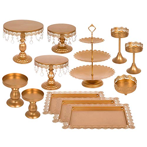 Hopopula 12pcs Kuchen Steht Set Metall Antike Cupcake Stehen Pastry Trays Dessert Display Platte Geburtstag Party Hochzeitstorte Ständer Halter mit Kristall Anhänger und Perlen (12pcs, Gold)
