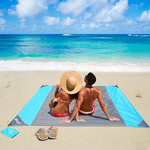Picknickdecke ,Stranddecke Campingdecke Strandtuch 210 x 200 cm, wasserfeste Picknickdecke Campingdecke Strandtuch, Portable Nylon Pocket Blanket und 4 Befestigung Ecken, ultraleicht kompakt sandabweisend wasserdicht (Blau)