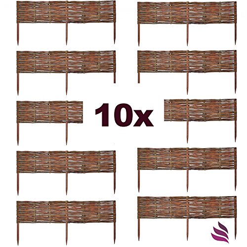 Floranica 10 X Weide Beeteinfassung, Steckzaun in 25 Größen, Rasenkante, Weidenzaun - imprägniert mit Buchepflöcke für leichtes Einsetzen, Länge:100 cm, Höhe:20 cm