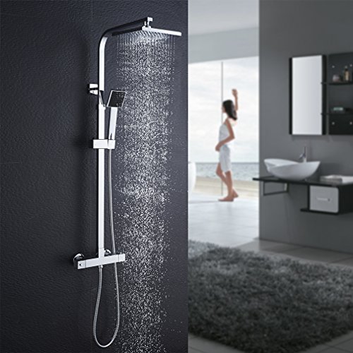 Auralum Duschsystem mit Thermostat Mischer, Duscharmatur Thermostat mit Regendusche und Handbrause, Anti-Verbrühungs-Duschsystem