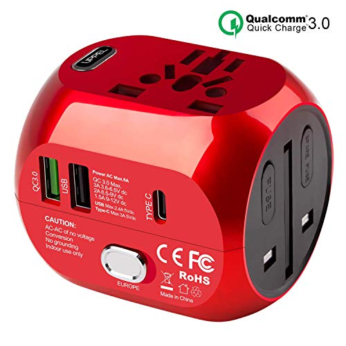 Reiseadapter mit QC3.0 Schnellladung Typ C und 2 USB (US/EU/UK/AU) 30W All-In-One Reiseladegerät für über 150 Länder, 2 Sicherungen (Rot)