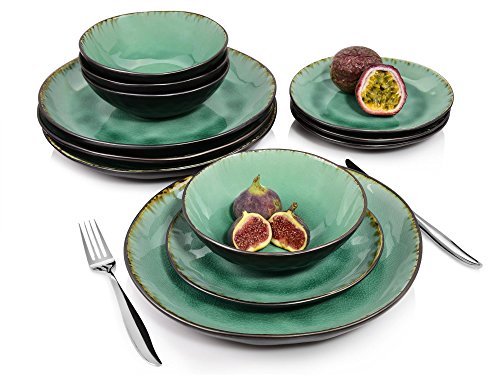 Sänger Kombiservice Palm Beach aus Porzellan 12 teilig | Füllmenge der Schalen 550 ml | Tafelservice mit Reisslack Effekt bestehend aus Speisetellern, Desserttellern und Schüsseln in Vintage Optik